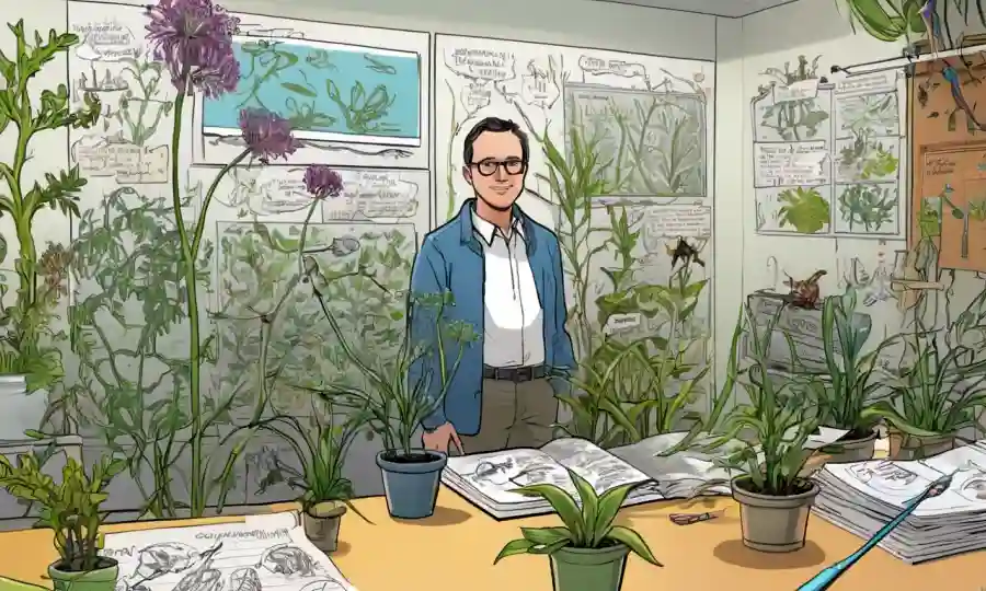Investigador frente a especies de plantas simbióticas con notas de investigación colaborativas.