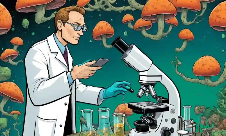 Científico en el microscopio de experimento de crecimiento de hongos observación de labcoat.