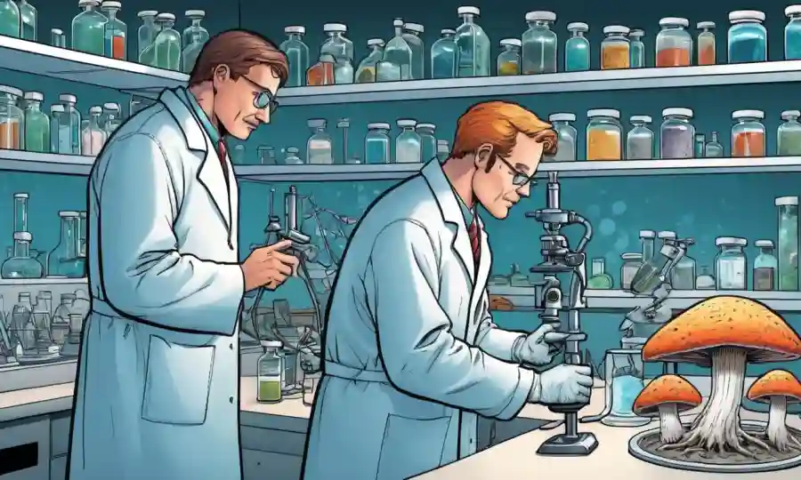 Científicos que estudian hongos para la investigación médica en un laboratorio.