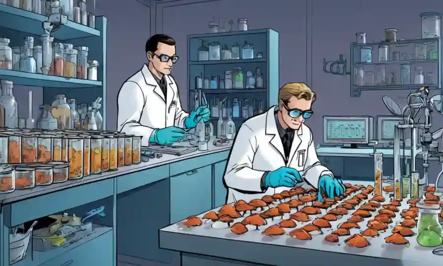 Científico de laboratorio examinando muestras de hongos en estaciones de trabajo entre tubos de prueba y equipo.