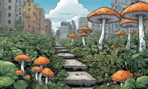 Un disparo cercano de hongos creciendo en medio de plantas o edificios de la ciudad.