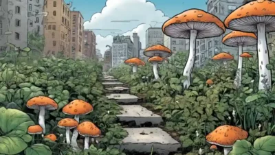 Un disparo cercano de hongos creciendo en medio de plantas o edificios de la ciudad.