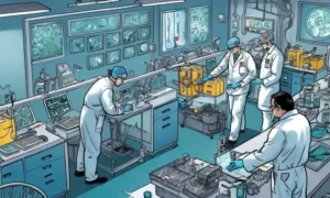 Imágenes científicas de laboratorio de microorganismos y técnicos que trabajan en estaciones.