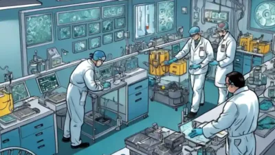 Imágenes científicas de laboratorio de microorganismos y técnicos que trabajan en estaciones.