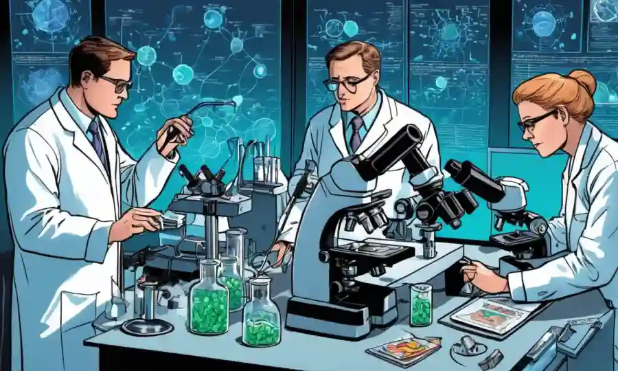 Científicos que estudian muestras de laboratorio bajo microscopios, rodeados de equipos y gráficos de datos.