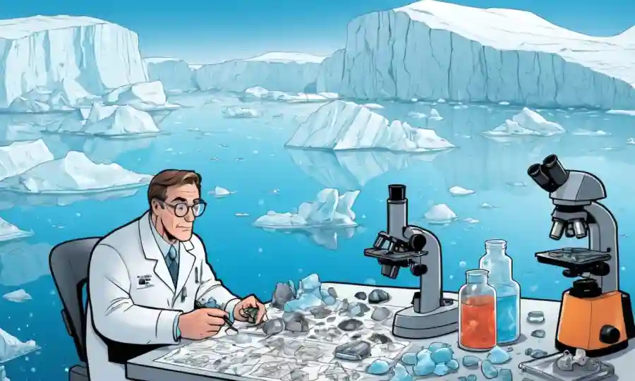 Científico que estudia hongos árticos en un laboratorio con microscopio y diagramas, con icebergs fundidos en el fondo.