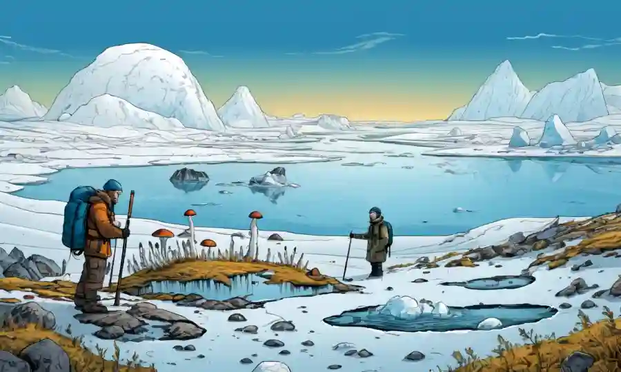 Científicos que estudian hongos árticos y cambio climático en medio de paisajes tundra.