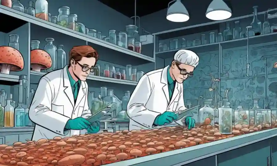 Científicos que estudian especímenes de hongos en un laboratorio, rodeados de diagramas y datos de investigación.