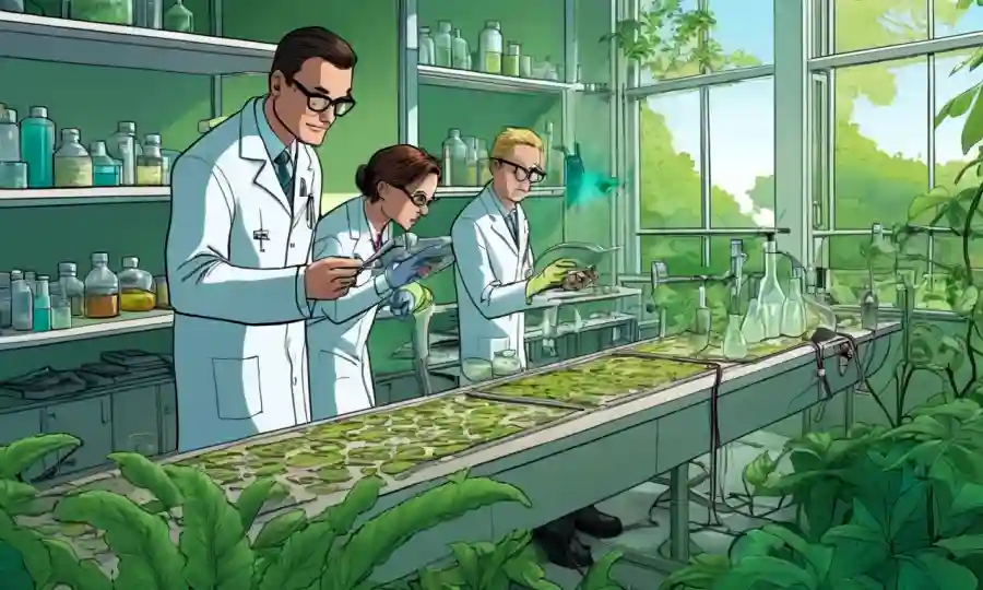 Científicos que examinan muestras de hongos en un laboratorio, rodeados de vegetación.