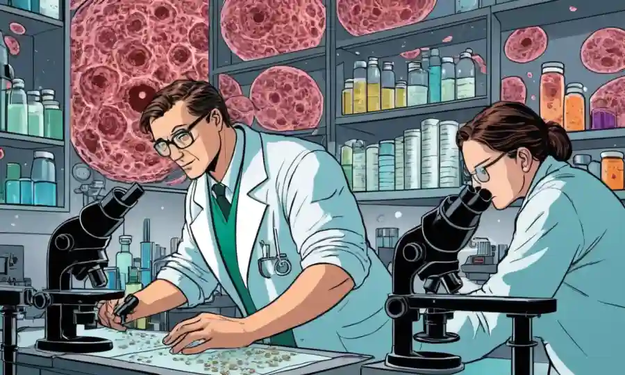 Científico examinando microscopios y datos sobre infecciones fúngicas en un entorno de laboratorio.