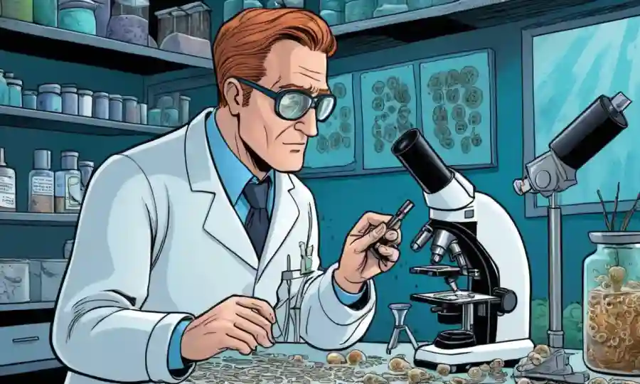 Científico examinando diapositivas de microscopio entre el crecimiento fúngico y el equipo de investigación.