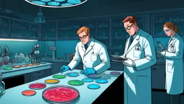 Científicos que examinan platos petri que contienen culturas fúngicas bajo luces de laboratorio.