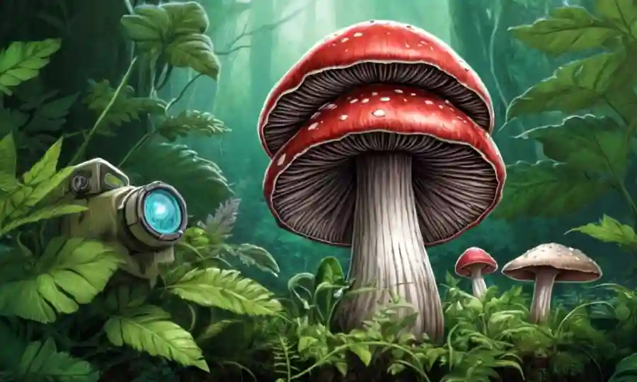 Una gorra de hongos y ginebras creciendo en medio de vegetación, con equipos científicos en el fondo.