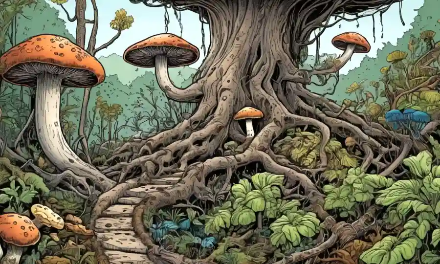 Ilustración de diferentes especies de plantas rodeadas de raíces de hongos interconectados con beneficios ecológicos destacados.