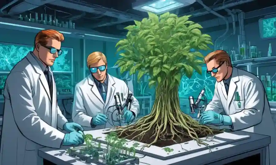 Científicos que estudian las raíces vegetales bajo microscopio en entornos de laboratorio futuristas.