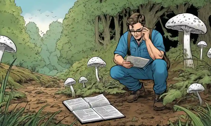 Un investigador que observa crecimiento fúngico en un ambiente natural con notas y muestras de suelo.
