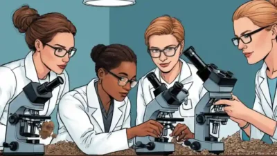 Investigadores de origen mixto que examinan muestras de suelo bajo microscopios.
