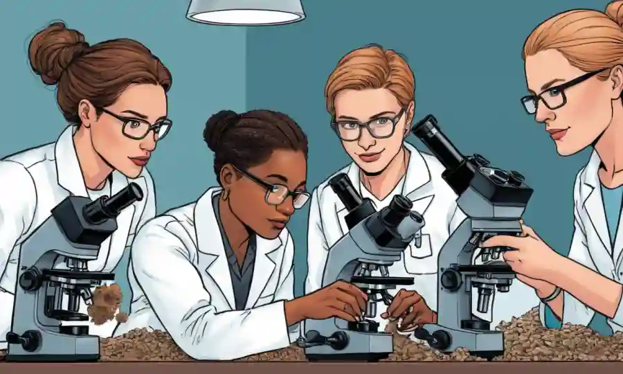 Investigadores de origen mixto que examinan muestras de suelo bajo microscopios.