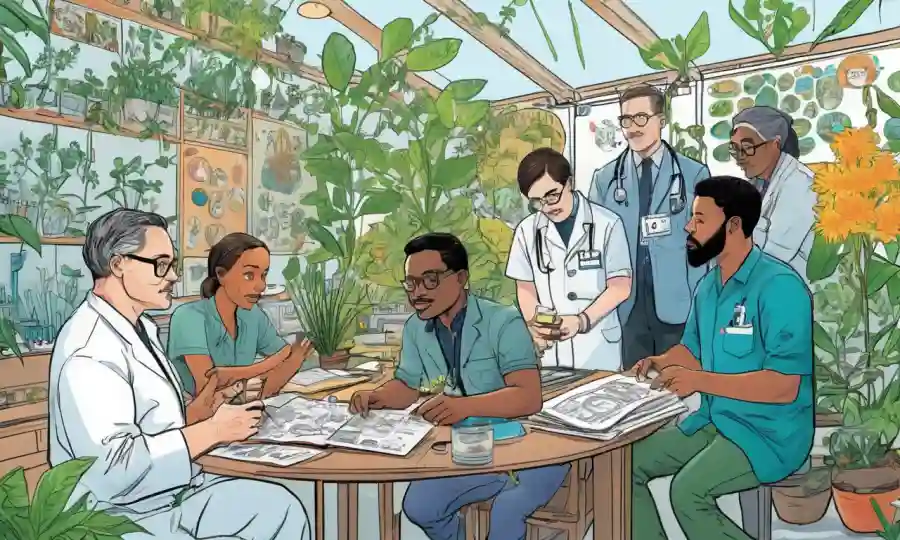 Científicos colaboradores de diversos orígenes en un evento mundial, rodeados de diagramas botánicos y biológicos.