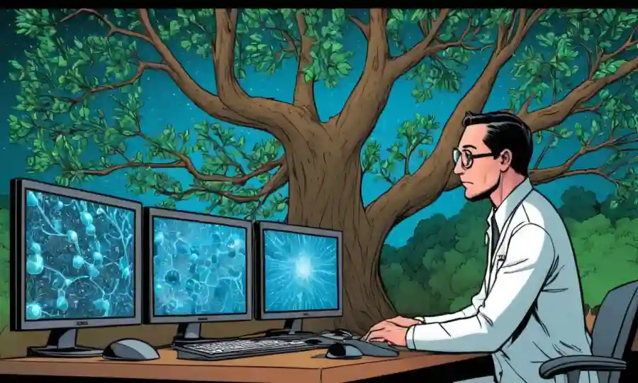 Científico analizando datos de ADN secuenciando en la pantalla de la computadora entre árboles evolucionarios.