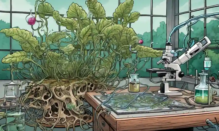 Una ilustración botánica de estructuras interconectadas de plantas y hongos con equipos de laboratorio en el fondo.