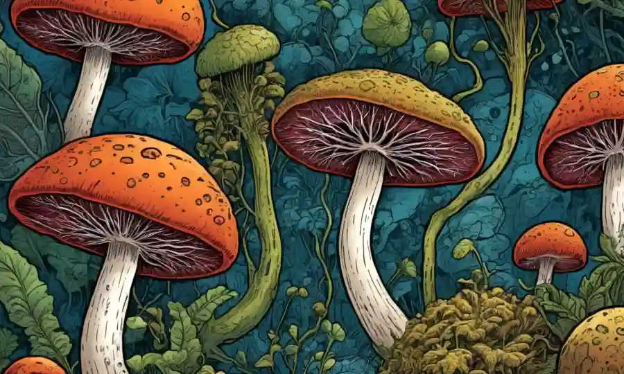 Imágenes microscópicas de hongos y plantas fusionando, destacando las relaciones simbióticas.