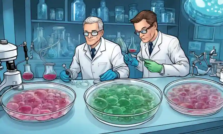 Investigadores científicos que examinan microorganismos en platos petri, simbolizando el futuro de la investigación simbiosis.