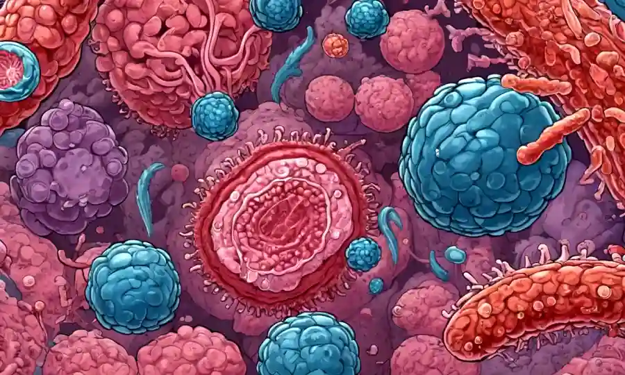 Escena de tripas humanas microscópicas con microbios diversos coexistiendo armoniosamente.