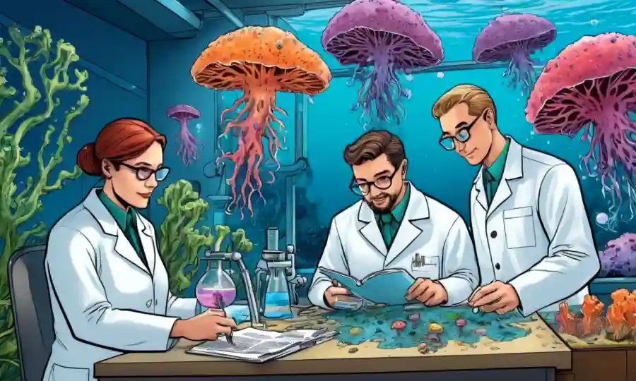 Científicos en capas de laboratorio que estudian hongos marinos coloridos y ecosistemas oceánicos.