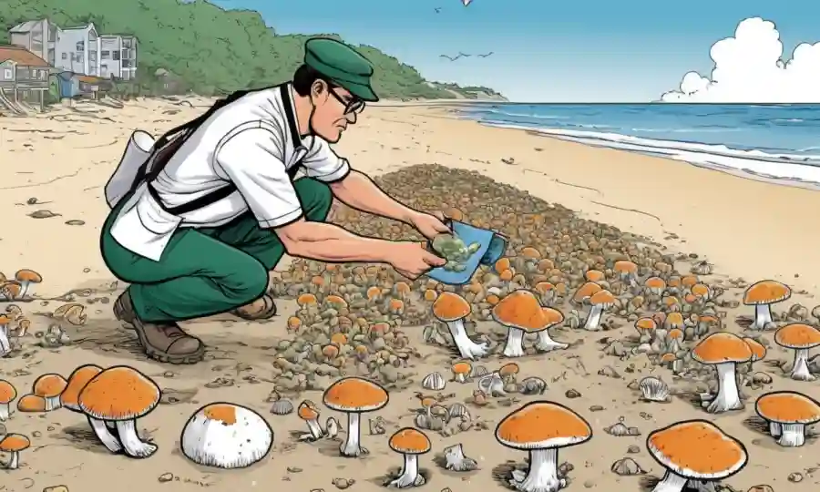 Un científico coleccionando setas marinas en la playa, con gráficos ecológicos en el fondo.