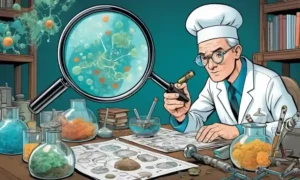 Investigador que estudia hongos con mapas de datos y equipo de laboratorio que rodea una lupa.
