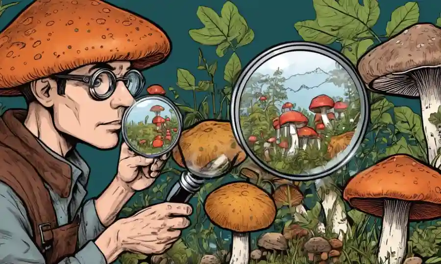 Una persona que examina varias especies de hongos bajo una lupa, con sobrecapas de texto.