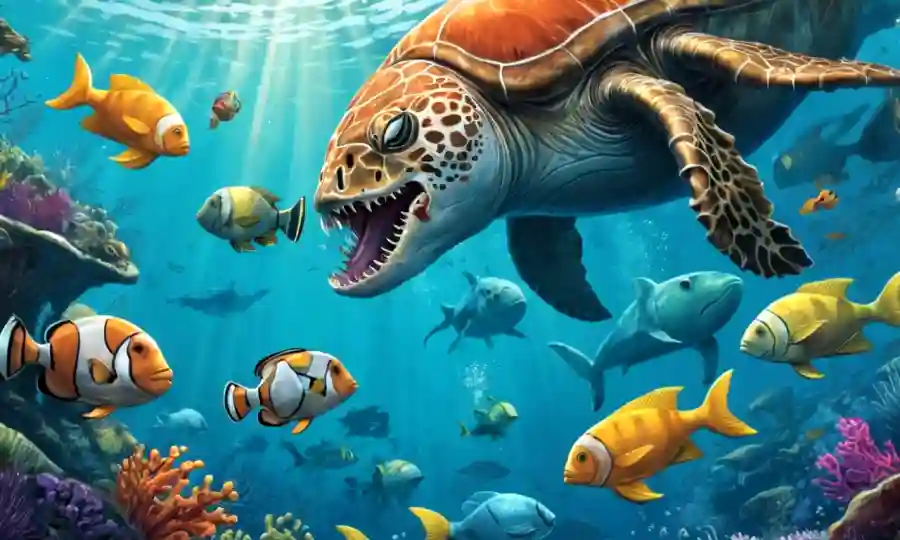 Animales marinos de diferentes especies interactuando en ambientes submarinos.