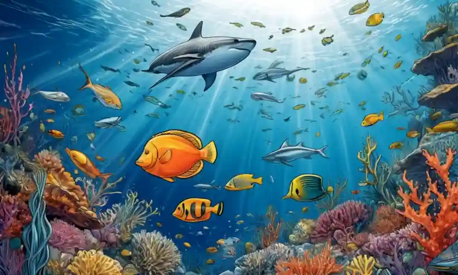 Las ilustraciones de la vida marina coexisten en diversos hábitats oceánicos con datos y diagramas científicos superpuestos.