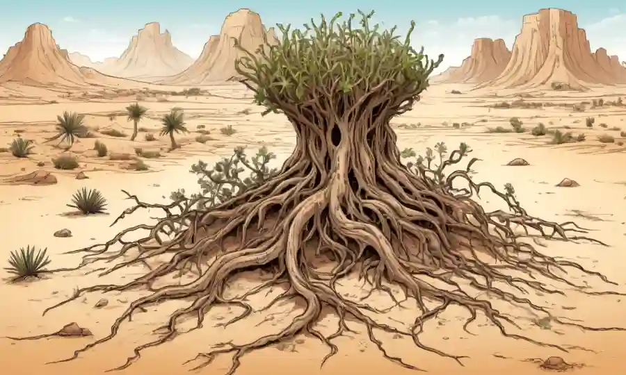 Paisaje del desierto con raíces vegetales enredadas alrededor de otras especies, enfatizando la simbiosis en ambientes áridos.