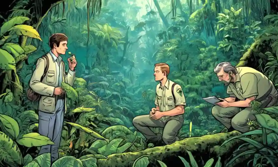 Científicos que observan relaciones simbióticas de vida vegetal en una selva amazónica densa.