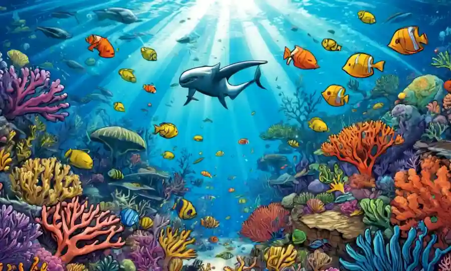 arrecifes de coral coloridos que se amontonan con la vida marina diversa.
