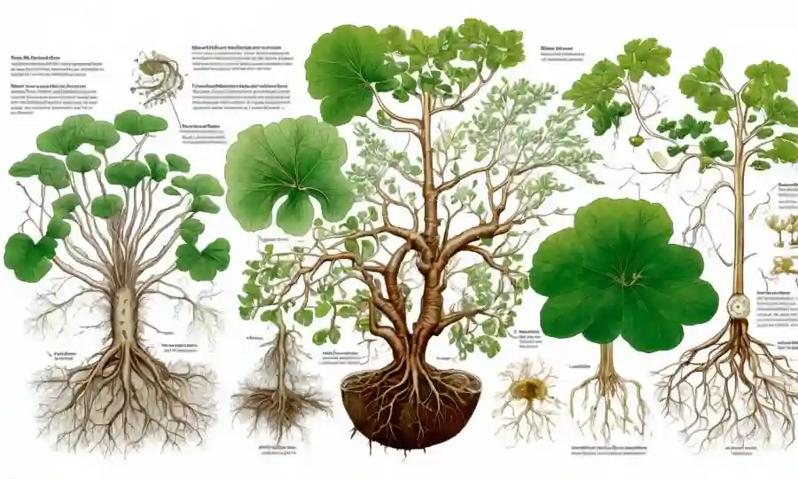 Imágenes de raíces vegetales conectadas por hongos, rodeadas de gráficos y microscopios en un laboratorio universitario.