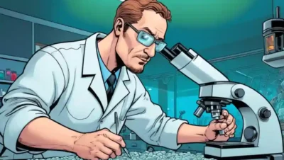 Un científico que examina microorganismos bajo un microscopio en un entorno de laboratorio.