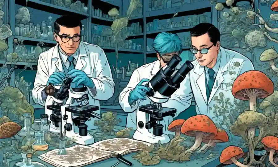 Científicos que examinan microscopios con culturas fúngicas y diagramas que los rodean.