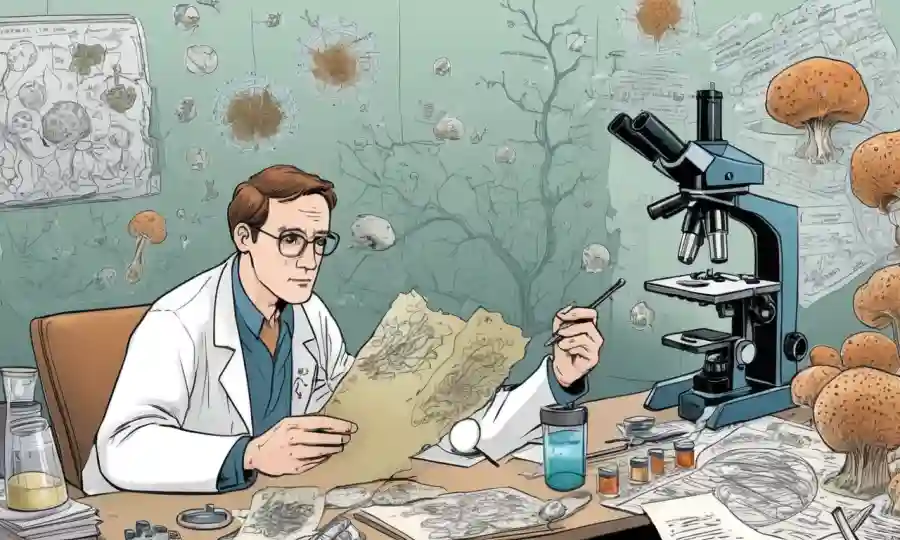 Investigadores que examinan especímenes hongos en un microscopio, rodeados de notas y diagramas.