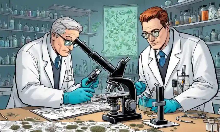 Científicos que examinan muestras fúngicas en laboratorio con microscopio y notas.