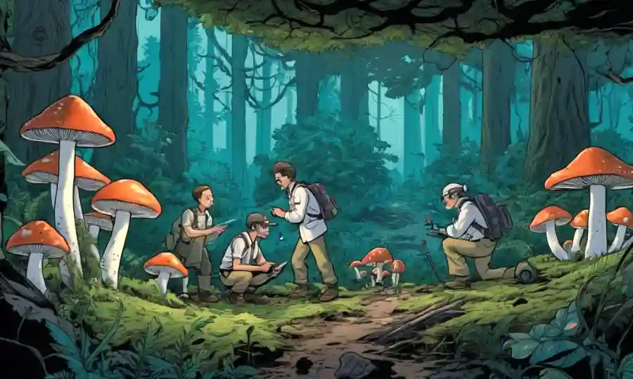 Un grupo de investigadores hongos que estudian hongos en un laboratorio o entorno forestal.