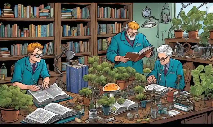 Científicos que estudian taxonomía de hongos y agricultura sostenible, rodeados de libros y equipos.
