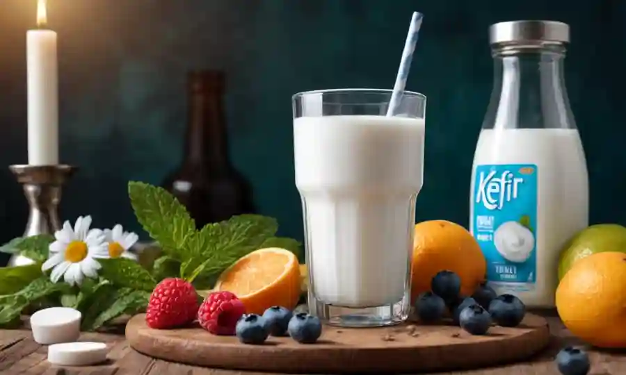 Un vaso de yogur kefir sobre una mesa con ingredientes naturales e iconos médicos que la rodean.