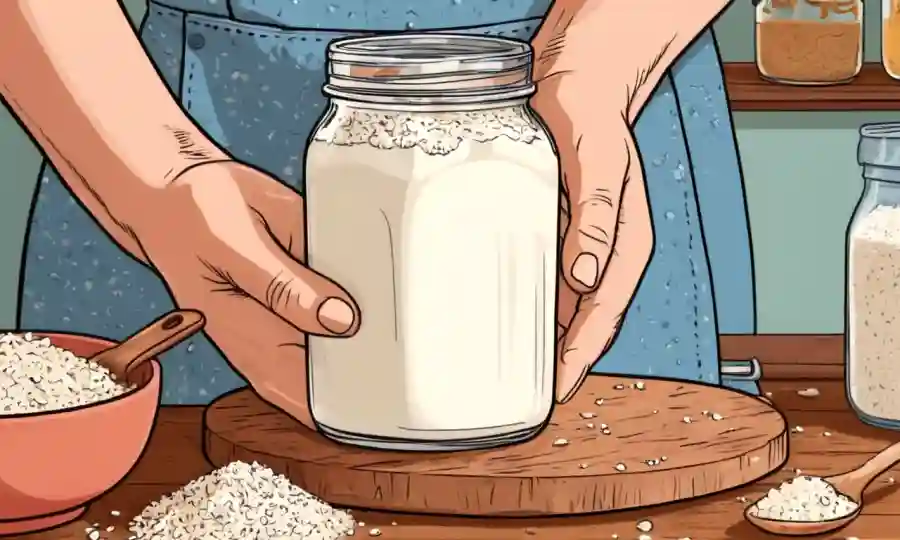 Las manos sostienen un frasco de kefir casero frente a utensilios de cocina y granos.