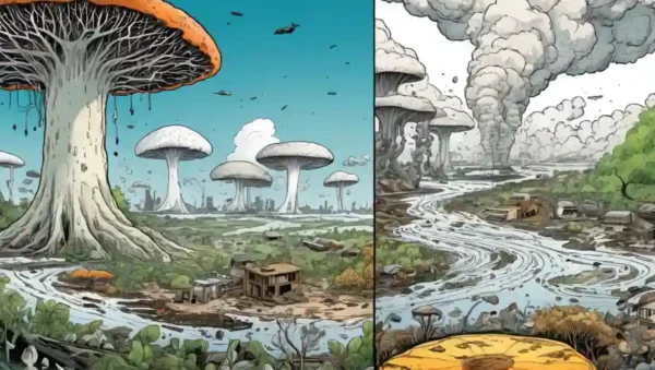 Redes miceliales ilustraciones junto con imágenes de entornos contaminados.