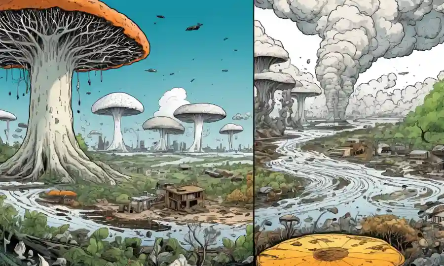 Redes miceliales ilustraciones junto con imágenes de entornos contaminados.