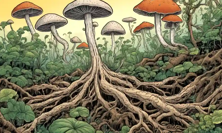 Fungi conexiones con raíces vegetales e ilustración de alivio de estrés.