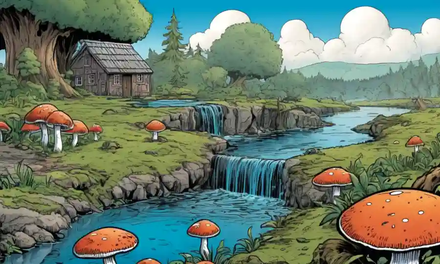 Una fuente de agua fungi-laden con daño ecológico en el fondo.
